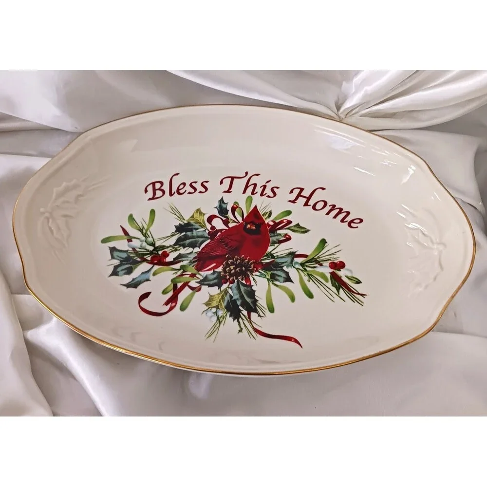LENOX WINTER BLESSINGS OVAL TRAY SERVING PLATTER RED CARDINAL
